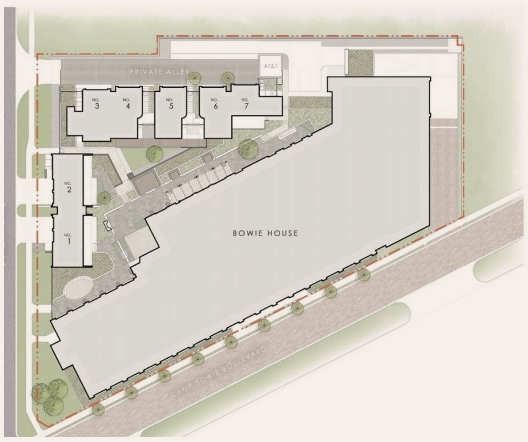 Artful illustration of The Seven site plan, highlighting the layout and placement of each contemporary home within the community.